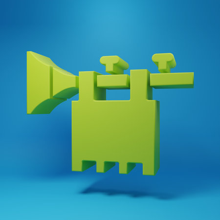 Green Trumpet with flag icon isolated on blue background. Musical instrument trumpet. Minimalism concept. 3D render illustration.の写真素材