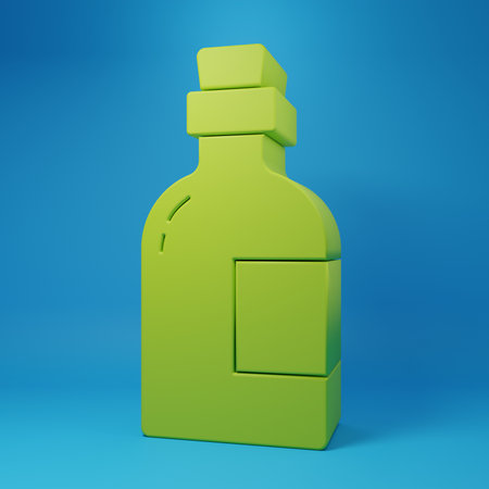 Green Alcohol drink Rum bottle icon isolated on blue background. Minimalism concept. 3D render illustration.の写真素材