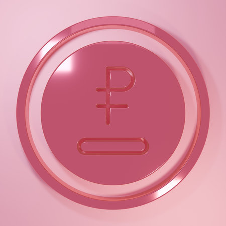 Pink Ruble, ruble currency coin icon isolated on pink background. Russian symbol. Minimalism...
