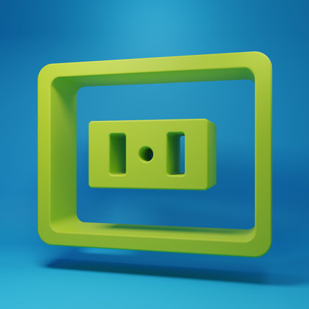 Green Electrical outlet icon isolated on blue background. Power socket Rosette symbol. Minimalism...