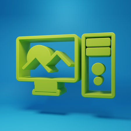 Green photo editing icon isolated on blue background. Photographer, photography, edit icon....