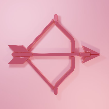 Pink Medieval bow and arrow icon isolated on pink background. Medieval weapon. Minimalism concept. 3D render illustration.の写真素材