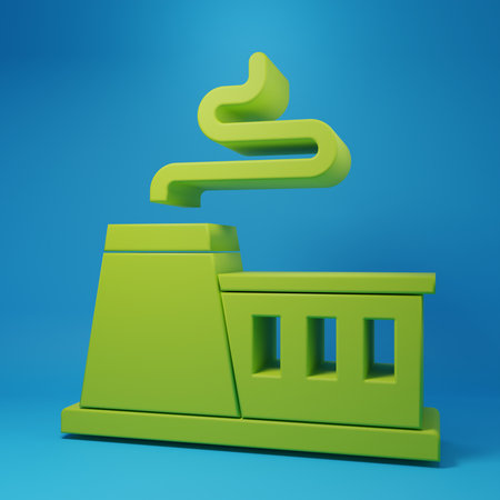 Green Factory icon isolated on blue background. Industrial building. Minimalism concept. 3D render illustration.の写真素材
