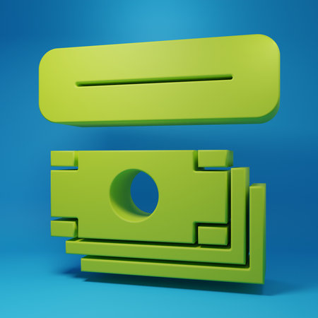 Green ATM - Automated teller machine and money icon isolated on blue background. Minimalism concept....