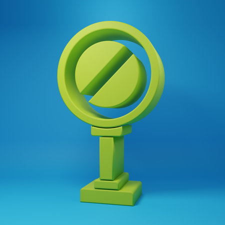 Green Stop sign icon isolated on blue background. Traffic regulatory warning stop symbol. Minimalism concept. 3D render illustration.の写真素材