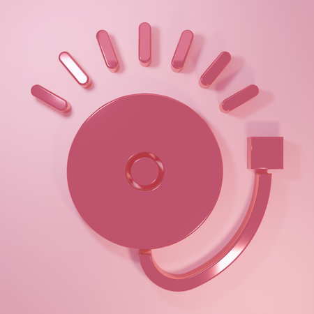 Pink Ringing alarm bell icon isolated on pink background. Service bell, handbell sign, notification symbol. Minimalism concept. 3D render illustration.の写真素材