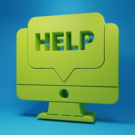 Green Computer monitor and help icon isolated on blue background. Adjusting, service, setting, maintenance, repair, fixing. Minimalism concept. 3D render illustration.の写真素材