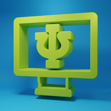 Green Online psychological counseling distance icon isolated on blue background. Psychotherapy, psychological help, psychiatrist online consulting. Minimalism concept. 3D render illustration.の写真素材