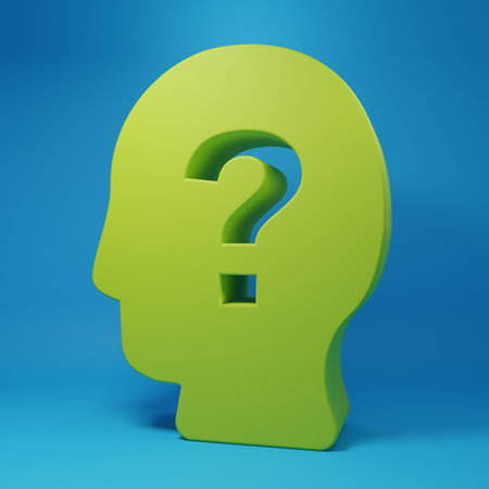 Green Human head with question mark icon isolated on blue background. Minimalism concept. 3D render illustration.の写真素材