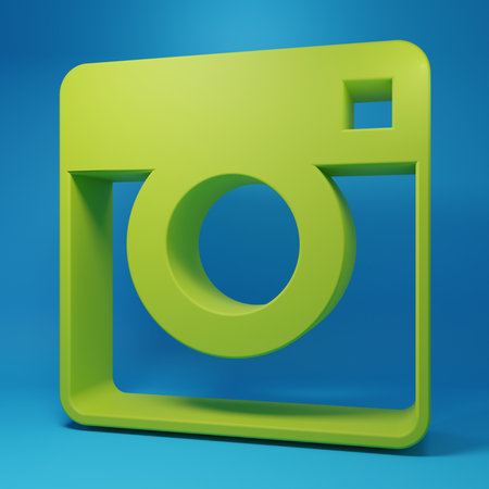 Green Photo camera icon isolated on blue background. Foto camera. Digital photography. Minimalism...