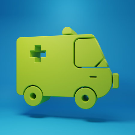 Green Ambulance and emergency car icon isolated on blue background. Ambulance vehicle medical evacuation. Minimalism concept. 3D render illustration.の写真素材