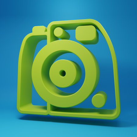 Green Photo camera icon isolated on blue background. Foto camera. Digital photography. Minimalism concept. 3D render illustration.の写真素材
