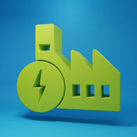 Green Nuclear power plant icon isolated on blue background. Energy industrial concept. Minimalism concept. 3D render illustration.の写真素材