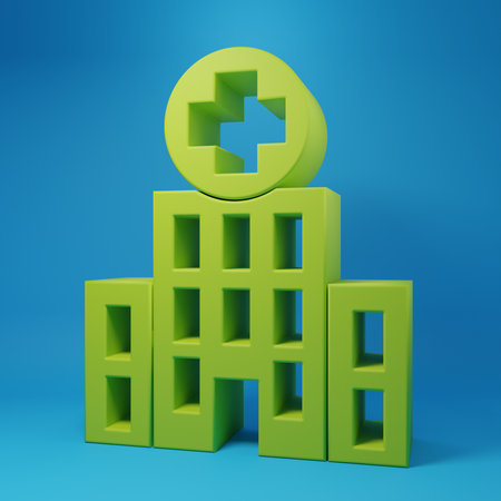 Green Medical hospital building with cross icon isolated on blue background. Medical center. Health care. Minimalism concept. 3D render illustration.の写真素材