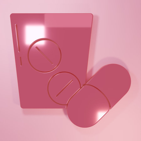 Pink Medicine pill or tablet icon isolated on pink background. Capsule pill and drug sign. Pharmacy design. Minimalism concept. 3D render illustration.の写真素材