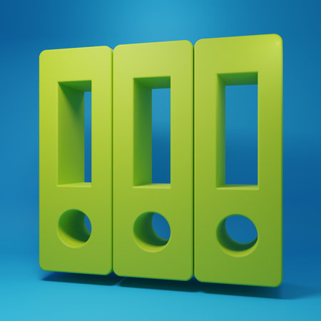 Green Office folders with papers and documents icon isolated on blue background. Office binders....