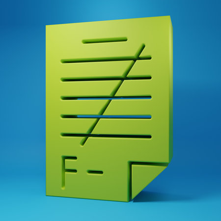 Green Exam paper with incorrect answers survey icon isolated on blue background. Bad mark of test results. Minimalism concept. 3D render illustration.の写真素材