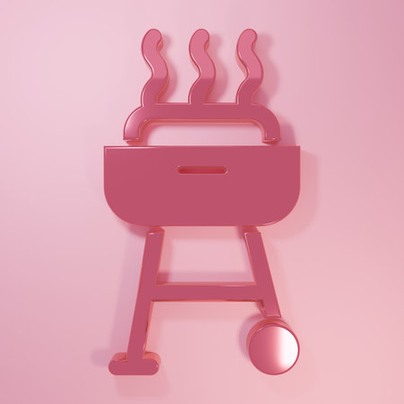 Pink Barbecue grill icon isolated on pink background. BBQ grill party. Minimalism concept. 3D render illustration.の写真素材