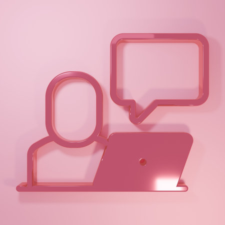 Pink Freelancer icon isolated on pink background. Freelancer man working on laptop at his house....