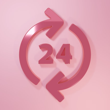 Pink 24 hours support icon isolated on pink background. All-day customer support call-center. Full...