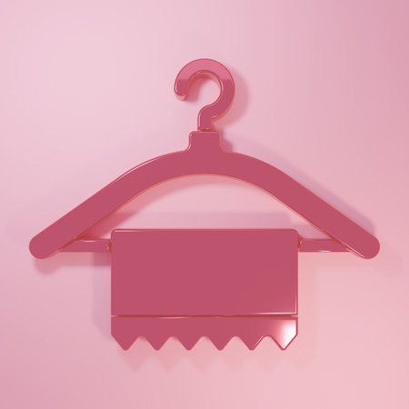 Pink Hanger wardrobe icon isolated on pink background. Clean towel sign. Cloakroom icon. Clothes service symbol. Laundry hanger. Minimalism concept. 3D render illustration.の写真素材