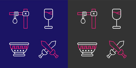 Set line Crossed medieval sword Greek ancient bowl Wine glass and Gallows icon. Vector.のイラスト素材
