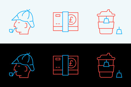 Set line Coffee cup to go Sherlock Holmes and Pound sterling money icon. Vector.