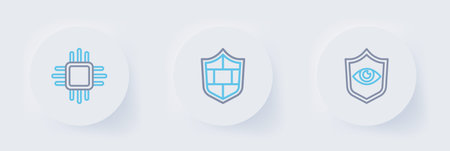 Set line Shield and eye with brick wall and Processor microcircuits CPU icon. Vector.