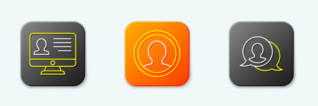 Set line Monitor with resume Create account screen and Speech bubble chat icon. Vector.