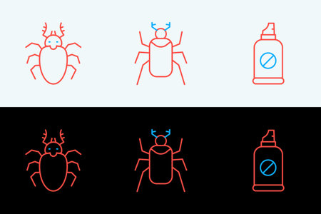Set line Spray against insects Beetle deer and bug icon. Vector.