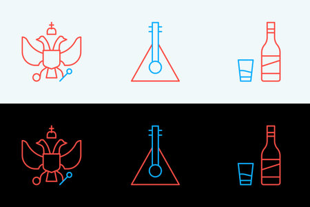 Set line Bottle of vodka with glass National emblem Russia and Balalaika icon. Vector.のイラスト素材