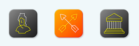 Set line Ancient bust sculpture Crossed arrows and Parthenon icon. Vector.