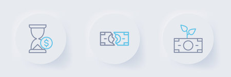 Set line Money plant in the pot Tearing money banknote and Hourglass with dollar icon. Vector.のイラスト素材
