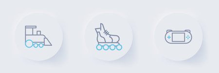 Set line Portable video game console Roller skate and Toy train icon. Vector.