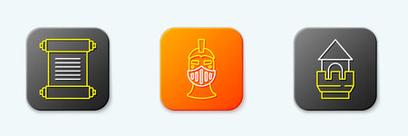Set line Decree, parchment, scroll, Medieval iron helmet and Castle tower icon. Vector.