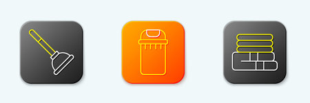 Set line Rubber plunger Trash can and Towel stack icon. Vector.