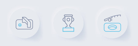 Set line Winter fishing Award cup and Ice hockey goal icon. Vector.のイラスト素材