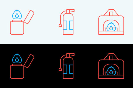 Set line Interior fireplace Lighter and Fire extinguisher icon. Vector.のイラスト素材