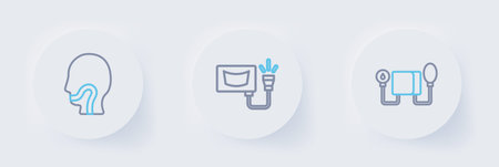 Set line Blood pressure Ultrasound and Sore throat icon. Vector.