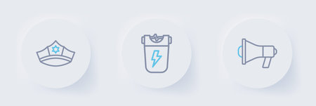 Set line Megaphone Police electric shocker and cap with cockade icon. Vector.のイラスト素材