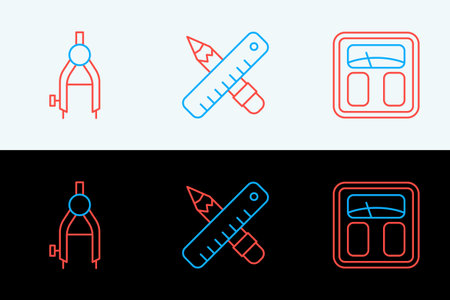 Set line Bathroom scales Drawing compass and Crossed ruler and pencil icon. Vector.のイラスト素材