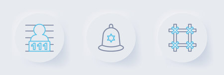 Set line Prison window British police helmet and Suspect criminal icon. Vector.のイラスト素材