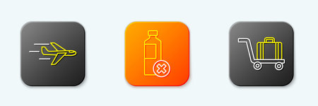 Set line Plane No water bottle and Trolley baggage icon. Vector.