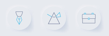 Set line School backpack Light rays in prism and Fountain pen nib icon. Vector.