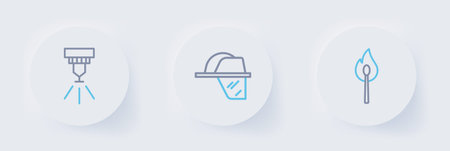 Set line Burning match with fire Firefighter helmet and sprinkler system icon. Vector.のイラスト素材