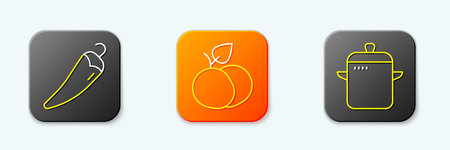Set line Hot chili pepper, Mango fruit and Cooking pot icon. Vector.