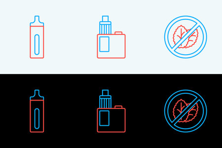 Set line No tobacco leaf, Electronic cigarette and Vape mod device icon. Vector.