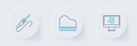 Set line Computer with music note, Grand piano and Audio jack icon. Vector.