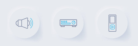 Set line Music player, Sound mixer controller and Megaphone icon. Vector.