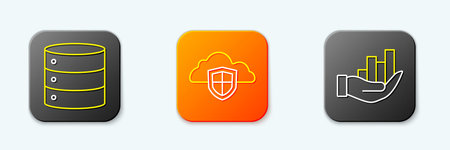 Set line Server, Cloud and shield and Pie chart infographic icon. Vector.